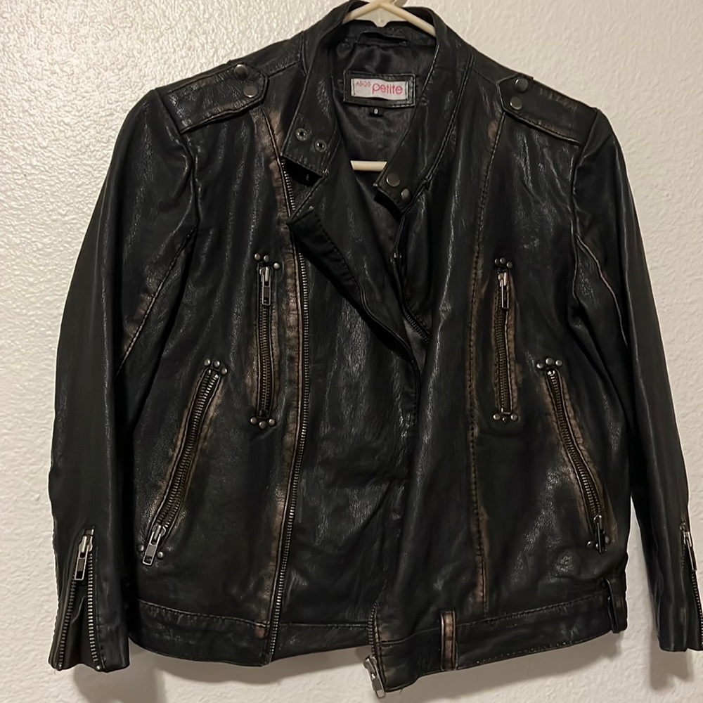 ASOS petite leather distressed jacket with stud detail and 3/4 length sleeve